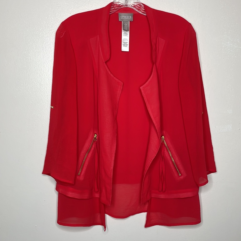 CHICO’S Blazer Jacket Red Layered Lightweight Open Front Zipper Pockets 4 - Picture 2 of 14